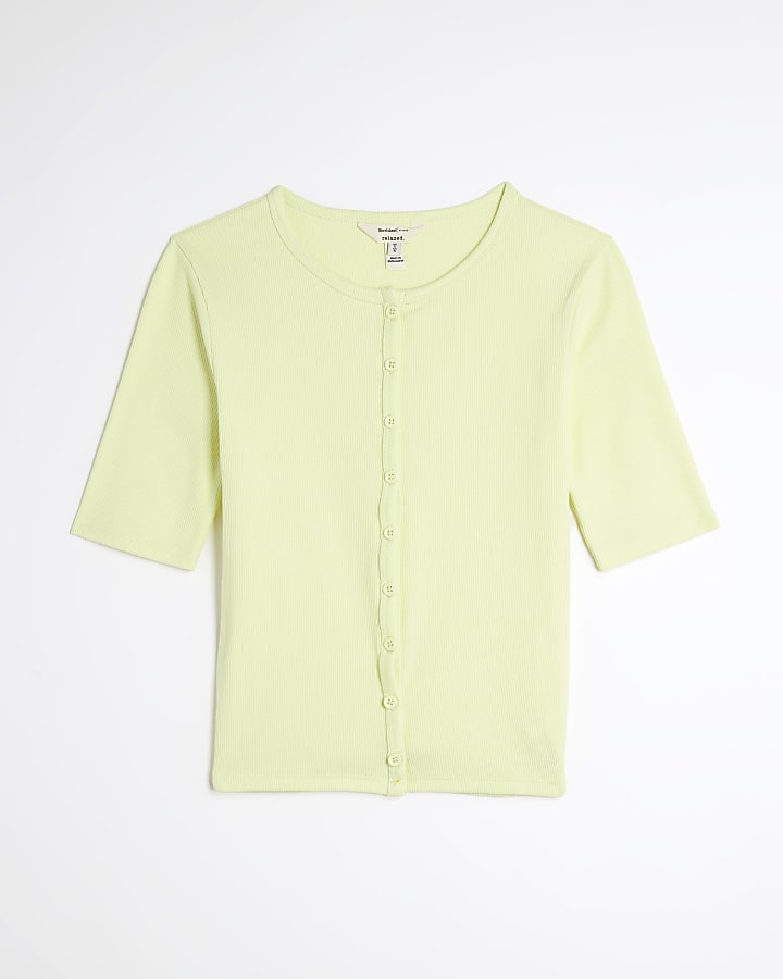 Lime Short Sleeve Ribbed Button Through Top