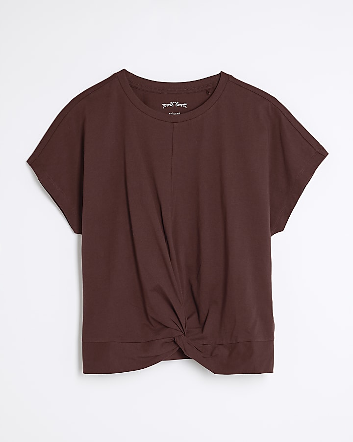 Brown Short Sleeve Twist Front T-shirt