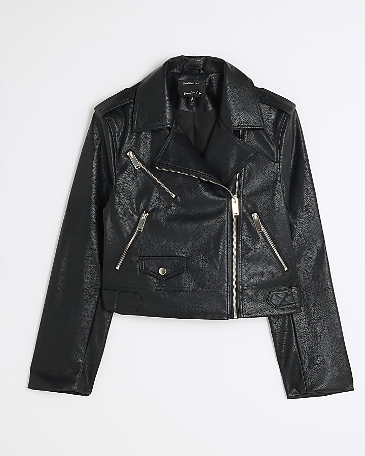 Black Faux Leather Boxy Biker Jacket