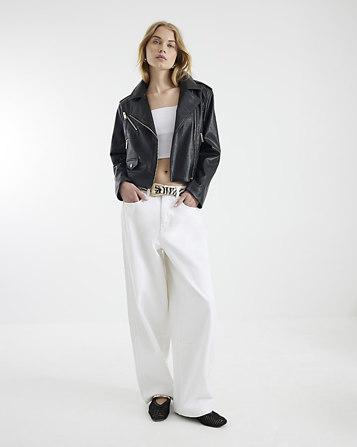 Black Faux Leather Boxy Biker Jacket