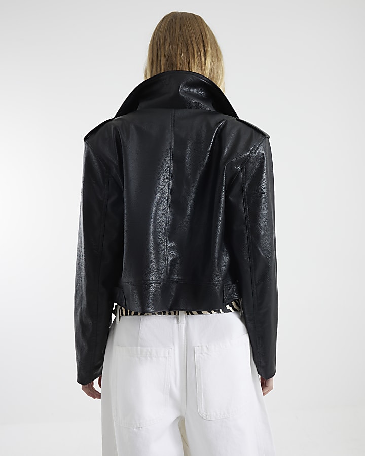 Black Faux Leather Boxy Biker Jacket