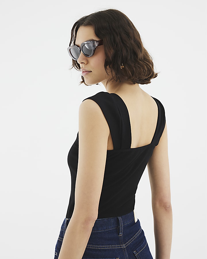 Black Sleeveless Gold Button Tank Top