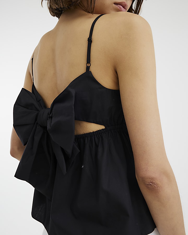 Black Sleeveless Tie Back Peplum Cami Top