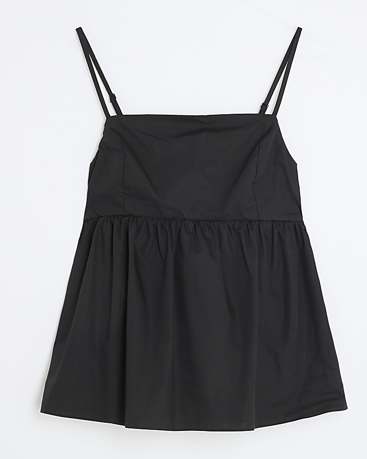 Black Sleeveless Tie Back Peplum Cami Top