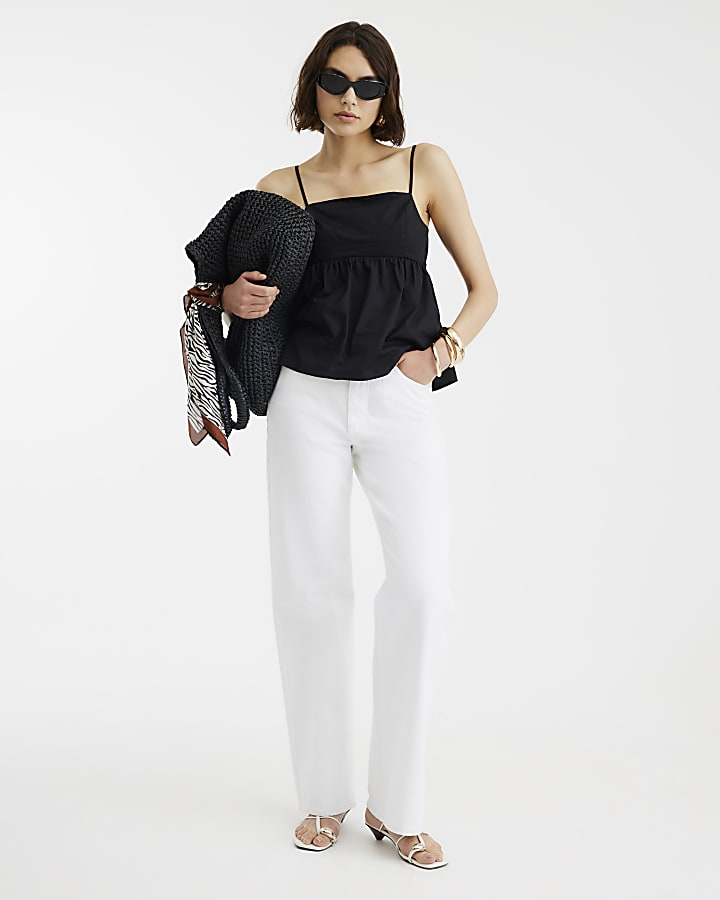 Black Sleeveless Tie Back Peplum Cami Top