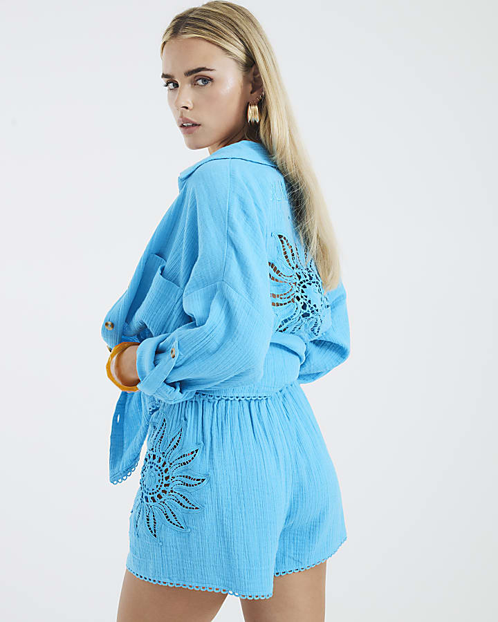 Petite Blue Embroidered Beach Shorts