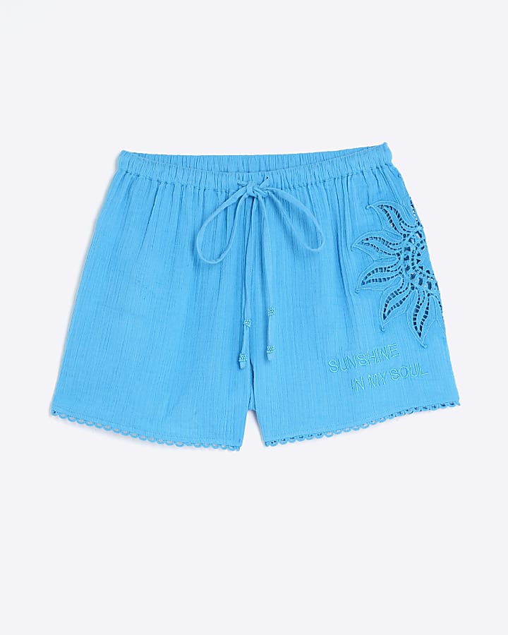 Petite Blue Embroidered Beach Shorts