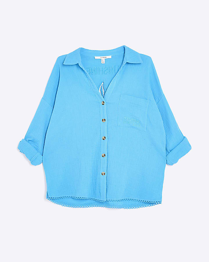 Petite Blue Sun Embroidered Beach Shirt