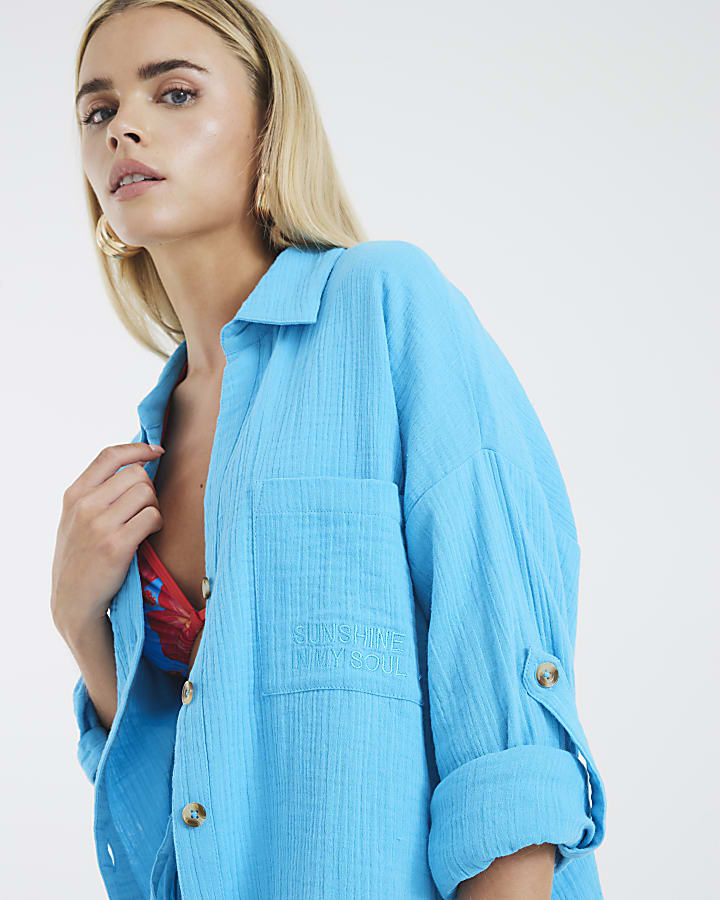Petite Blue Sun Embroidered Beach Shirt
