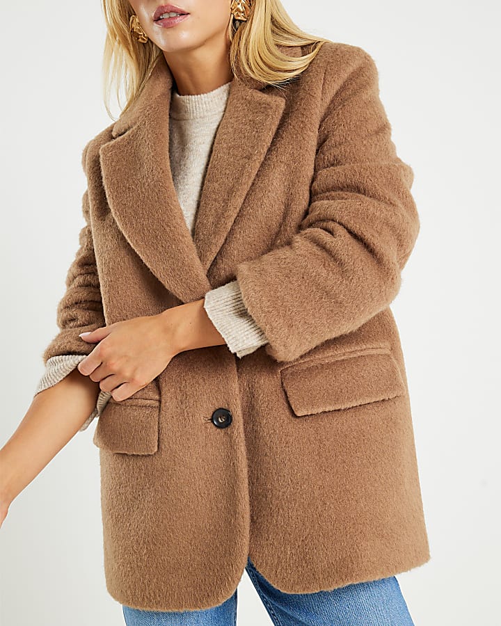 Petite Brown Brushed Faux Wool Blazer