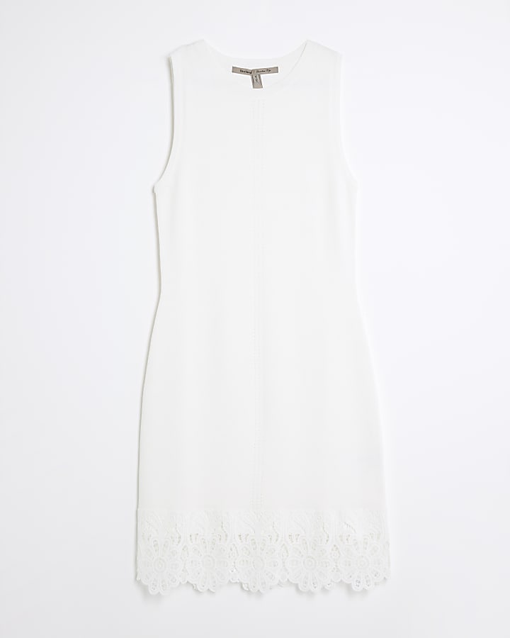 White Sleeveless Knit Lace Hem Mini Dress