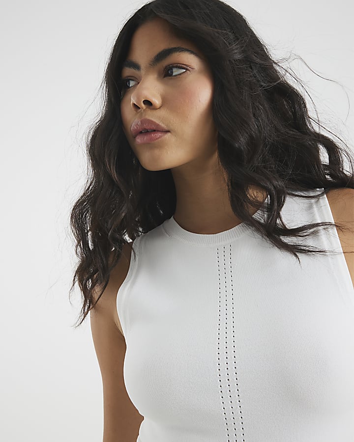 White Sleeveless Knit Lace Hem Mini Dress