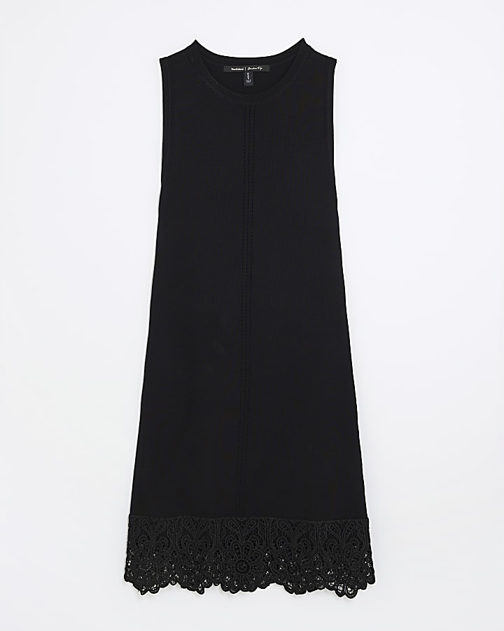 Black Sleeveless Knit Lace Hem Mini Dress