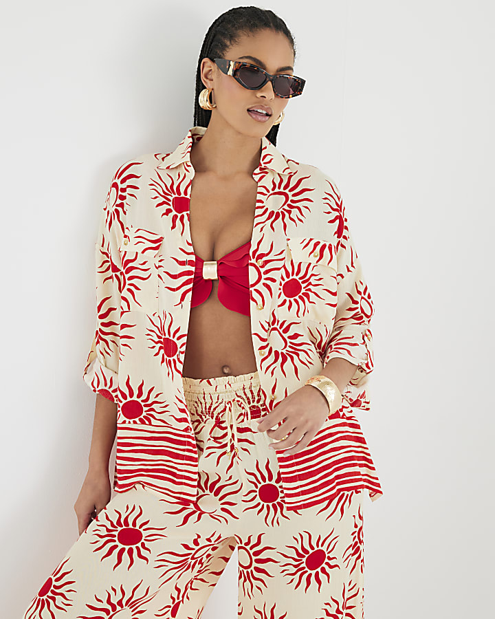 Cream Sun Print Oversized Beach Shirt