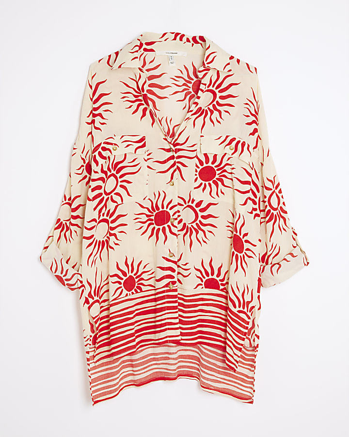 Cream Sun Print Oversized Beach Shirt
