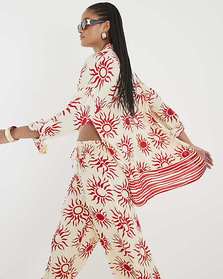 Cream Sun Print Oversized Beach Shirt