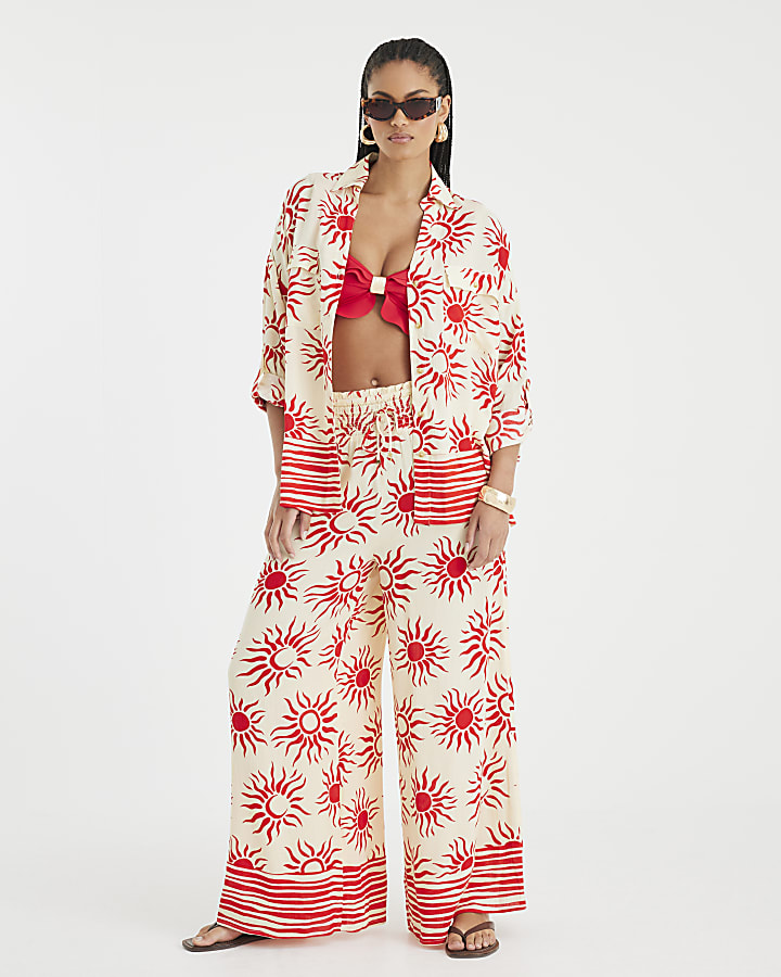 Cream Sun Print Oversized Beach Shirt