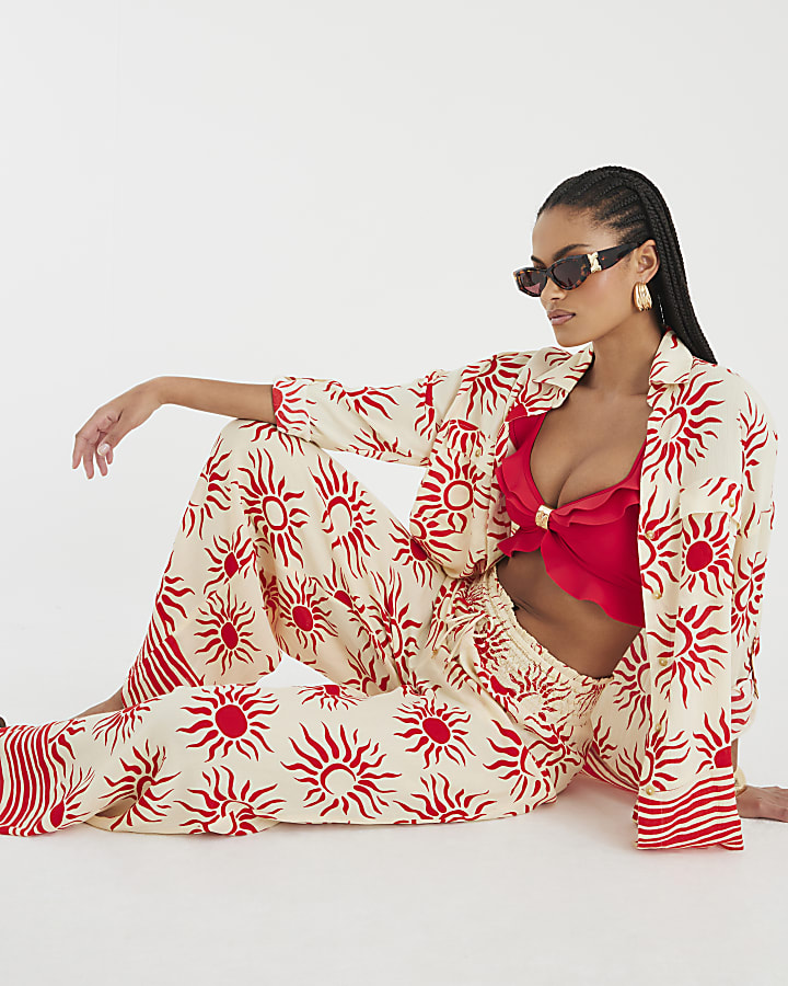 Cream Sun Print Wide Leg Beach Trousers