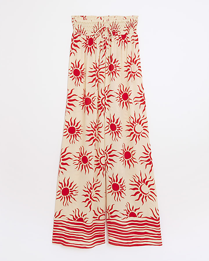 Cream Sun Print Wide Leg Beach Trousers