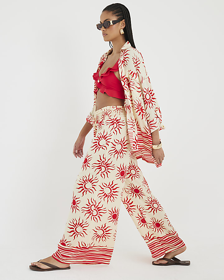 Cream Sun Print Wide Leg Beach Trousers