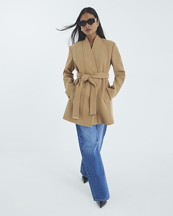 Petite Brown Short Belted Wrap Coat
