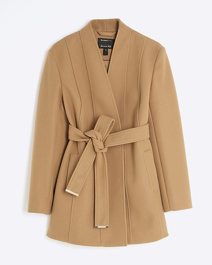 Petite Brown Short Belted Wrap Coat