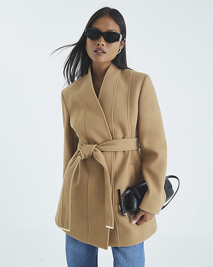 Petite Brown Short Belted Wrap Coat