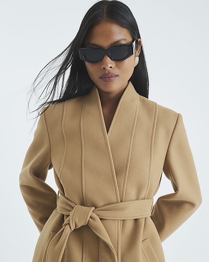 Petite Brown Short Belted Wrap Coat