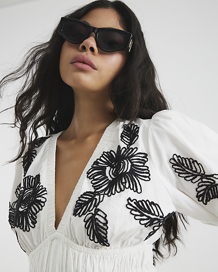 Cream Floral Embroidered Midi Dress
