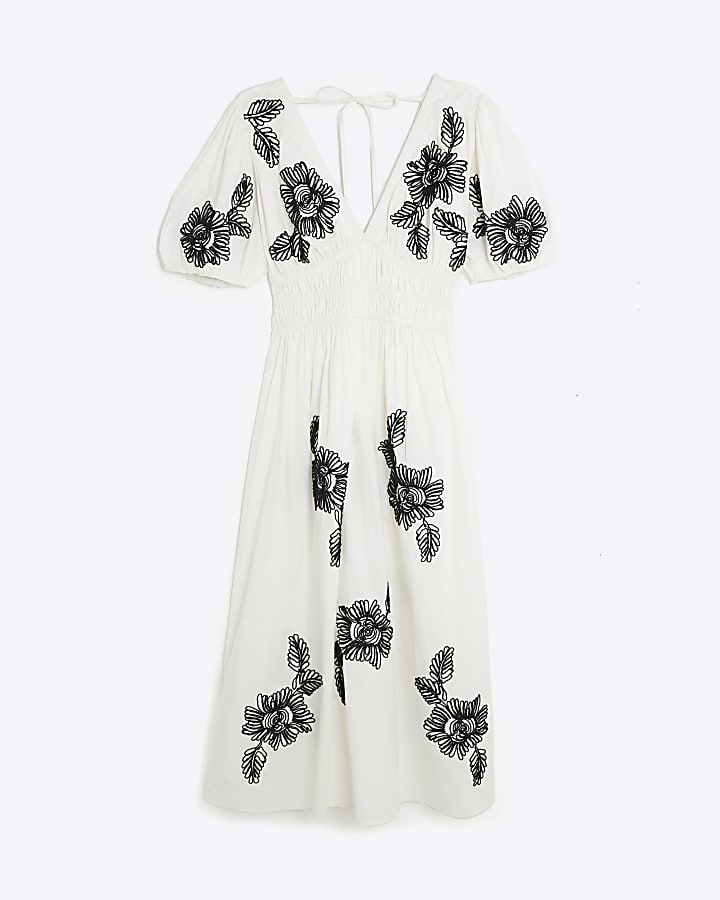Cream Floral Embroidered Midi Dress