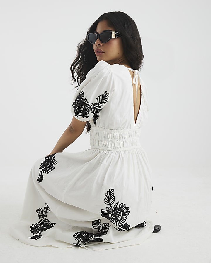 Cream Floral Embroidered Midi Dress