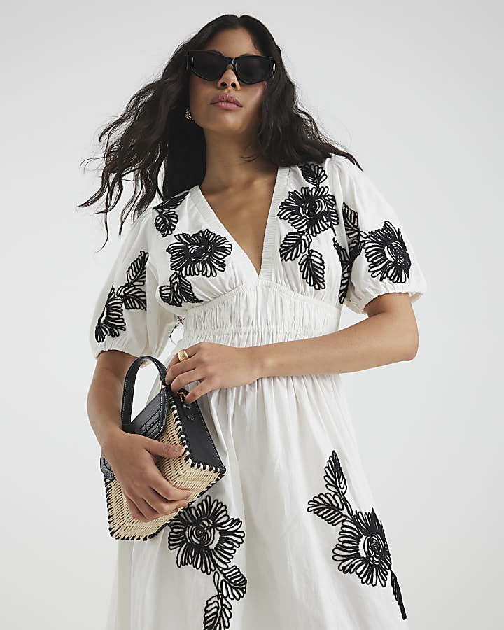 Cream Floral Embroidered Midi Dress