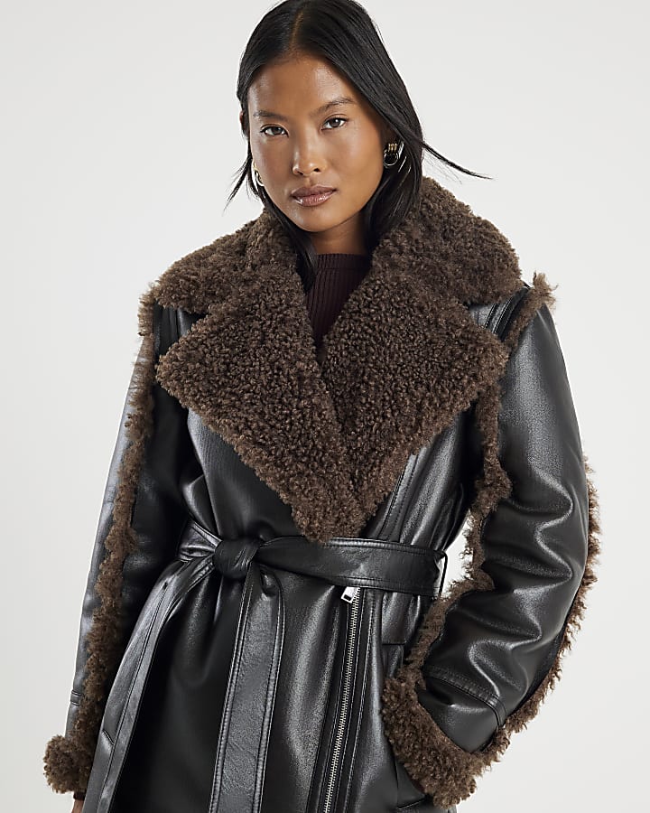 Petite Black Faux Shearling Lined Trench Coat