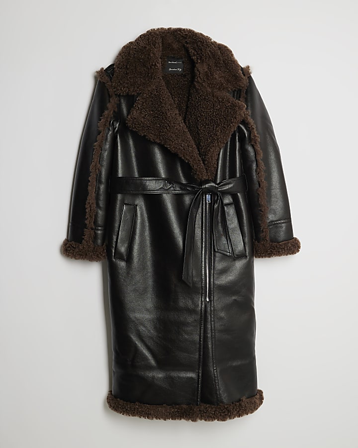 Petite Black Faux Shearling Lined Trench Coat
