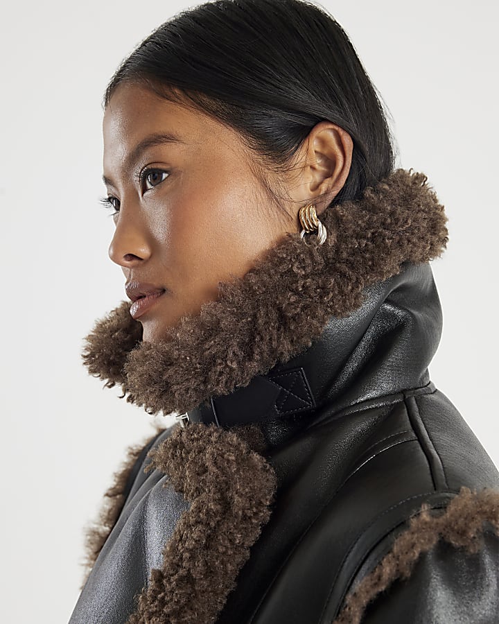 Petite Black Faux Shearling Lined Trench Coat