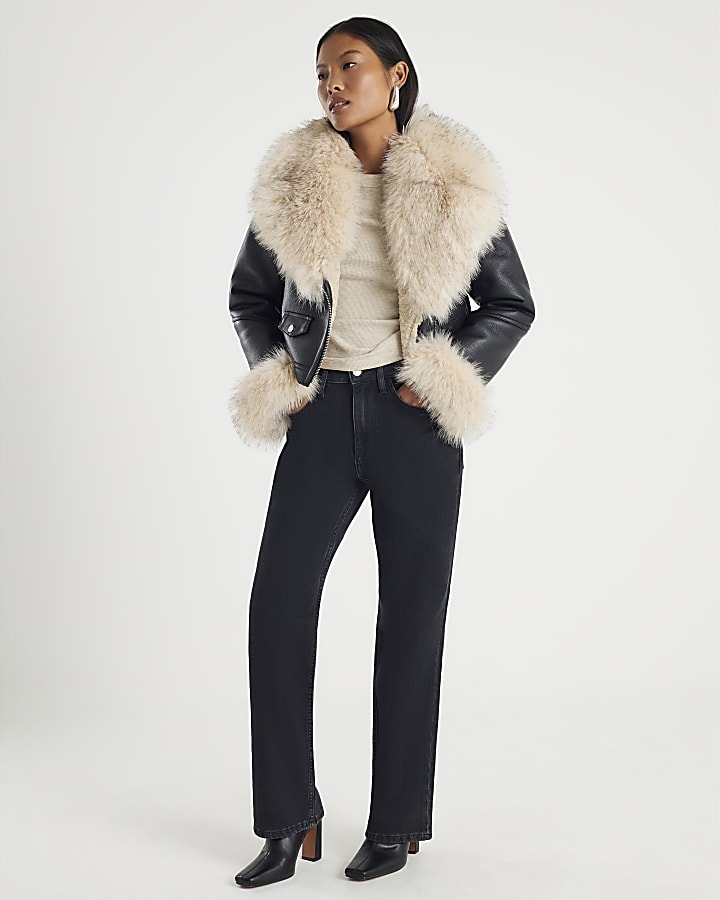 Petite Black Faux Fur Faux Leather Jacket