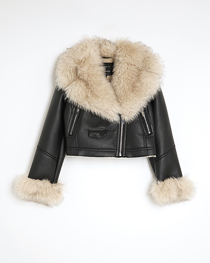 Black Faux Fur Collar Cropped Biker Jacket