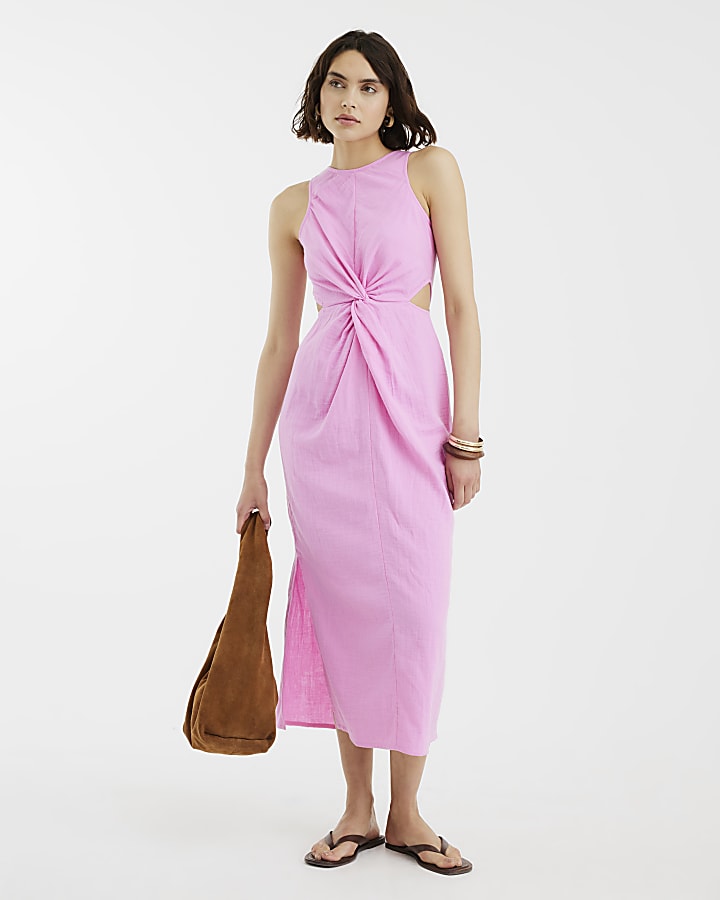 Pink Sleeveless Cut Out Midi Dress