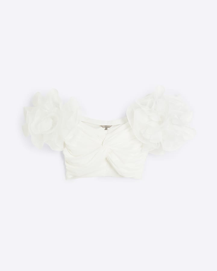 White corsage shoulder bardot crop top