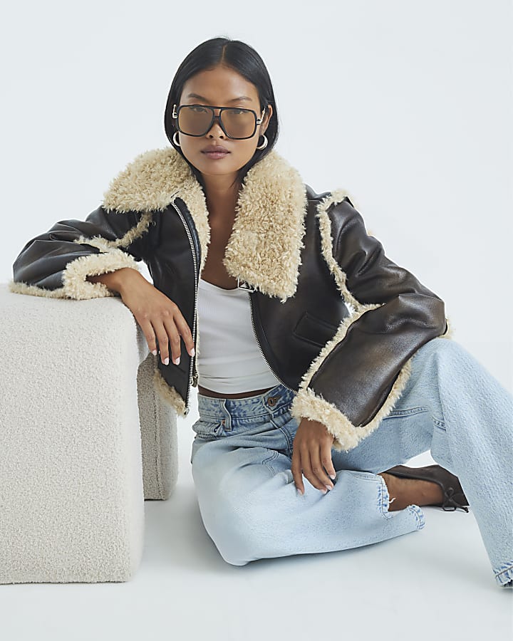 Petite Brown Faux Shearling Aviator Jacket