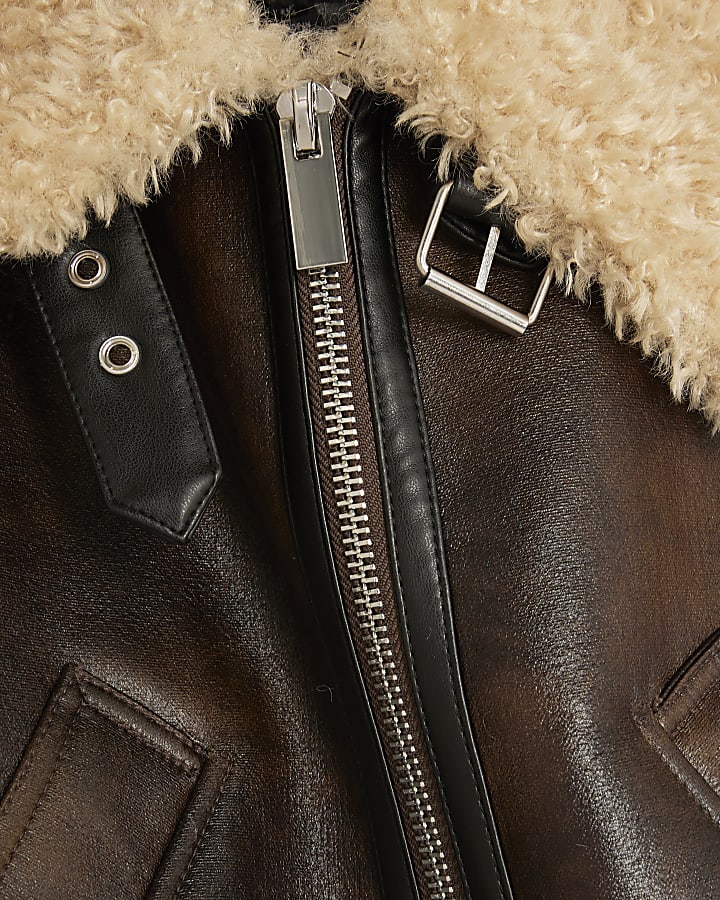 Petite Brown Faux Shearling Aviator Jacket