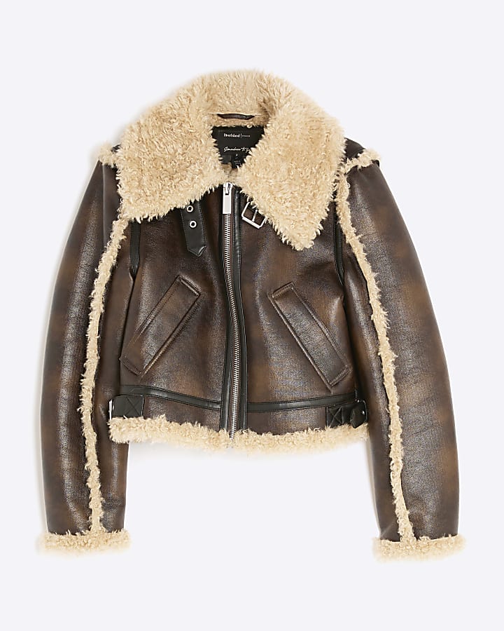 Petite Brown Faux Shearling Aviator Jacket