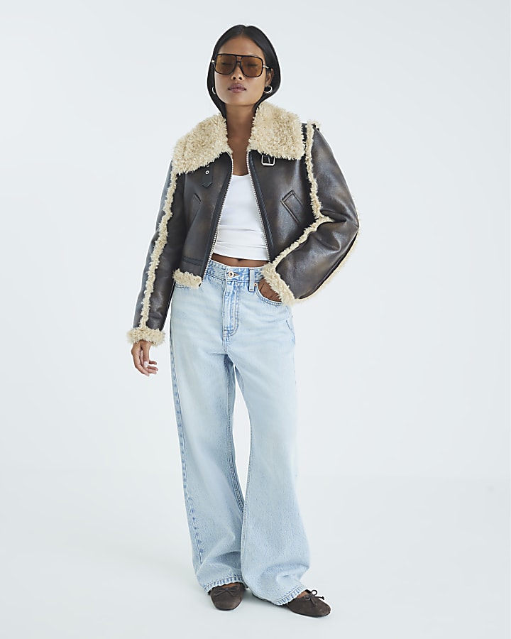 Petite Brown Faux Shearling Aviator Jacket