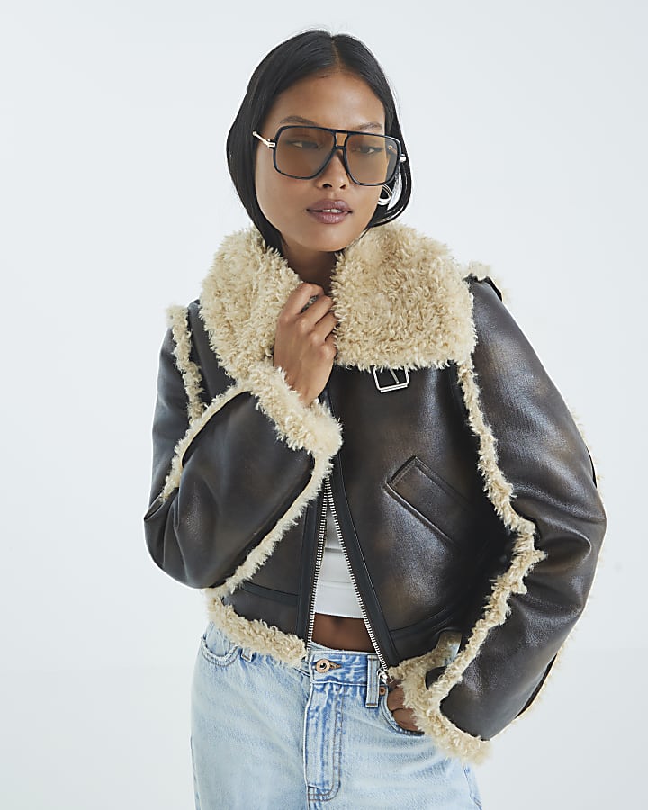 Petite Brown Faux Shearling Aviator Jacket