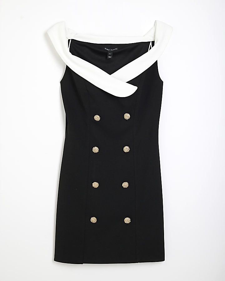 Black Monochrome Bardot Button Mini Dress