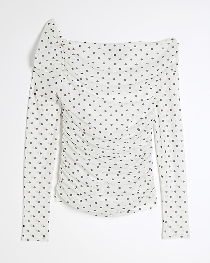 Cream Polka Dot Asymmetric Ruched Mesh Top