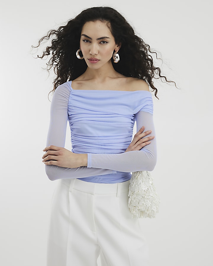 Blue Asymmetric Ruched Mesh Top