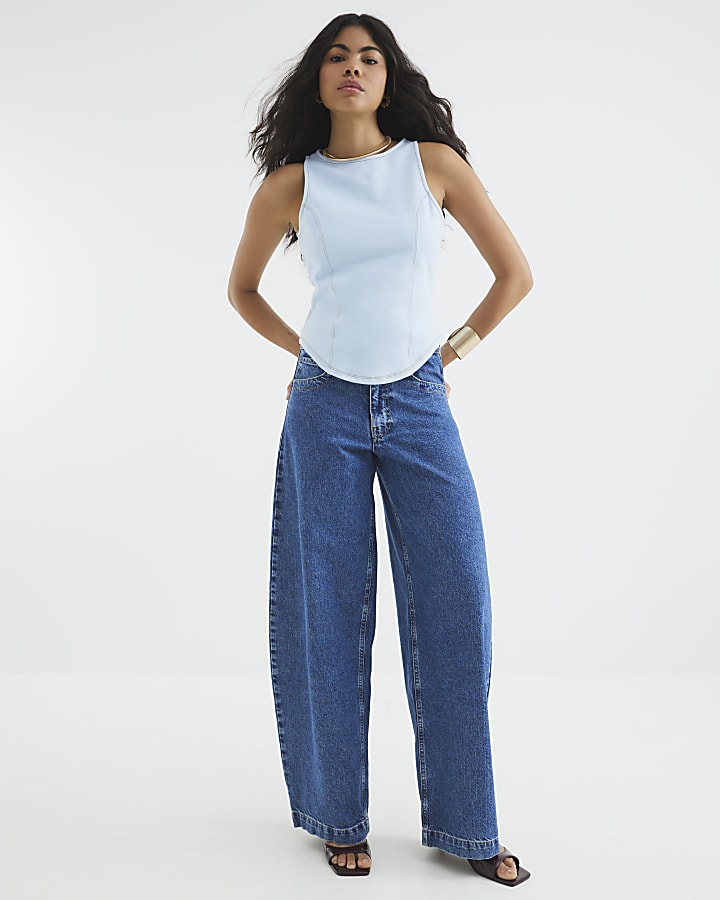 Blue Sleeveless Denim Twill Racer Top