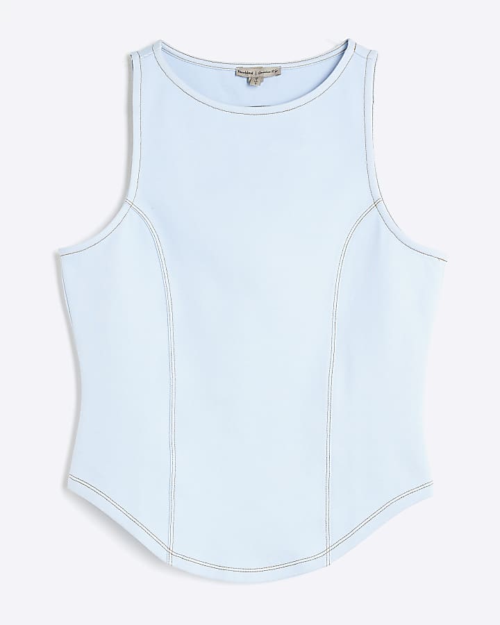 Blue Sleeveless Denim Twill Racer Top