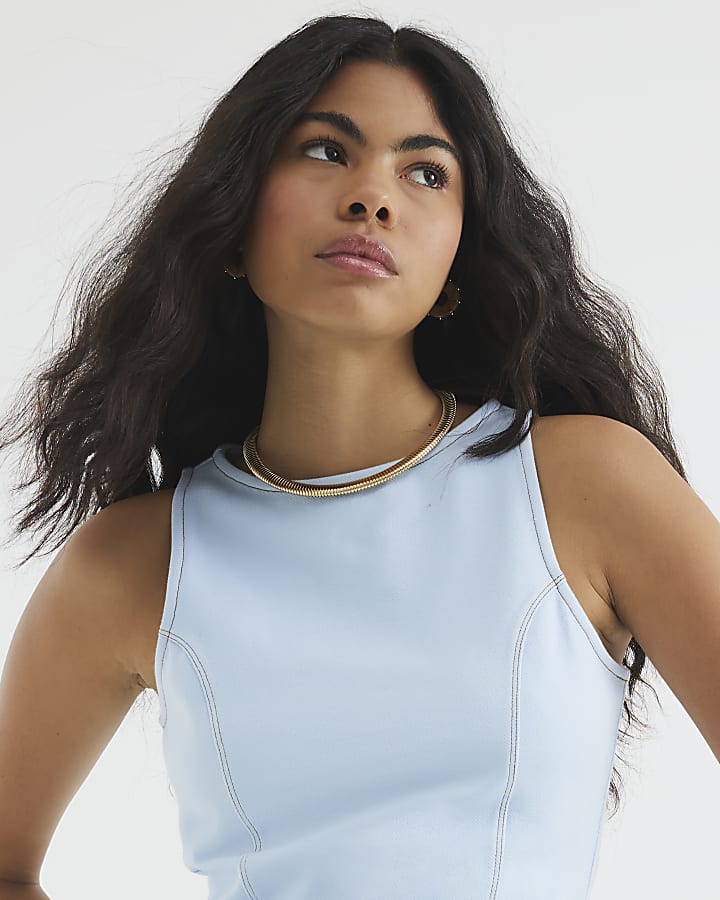 Blue Sleeveless Denim Twill Racer Top